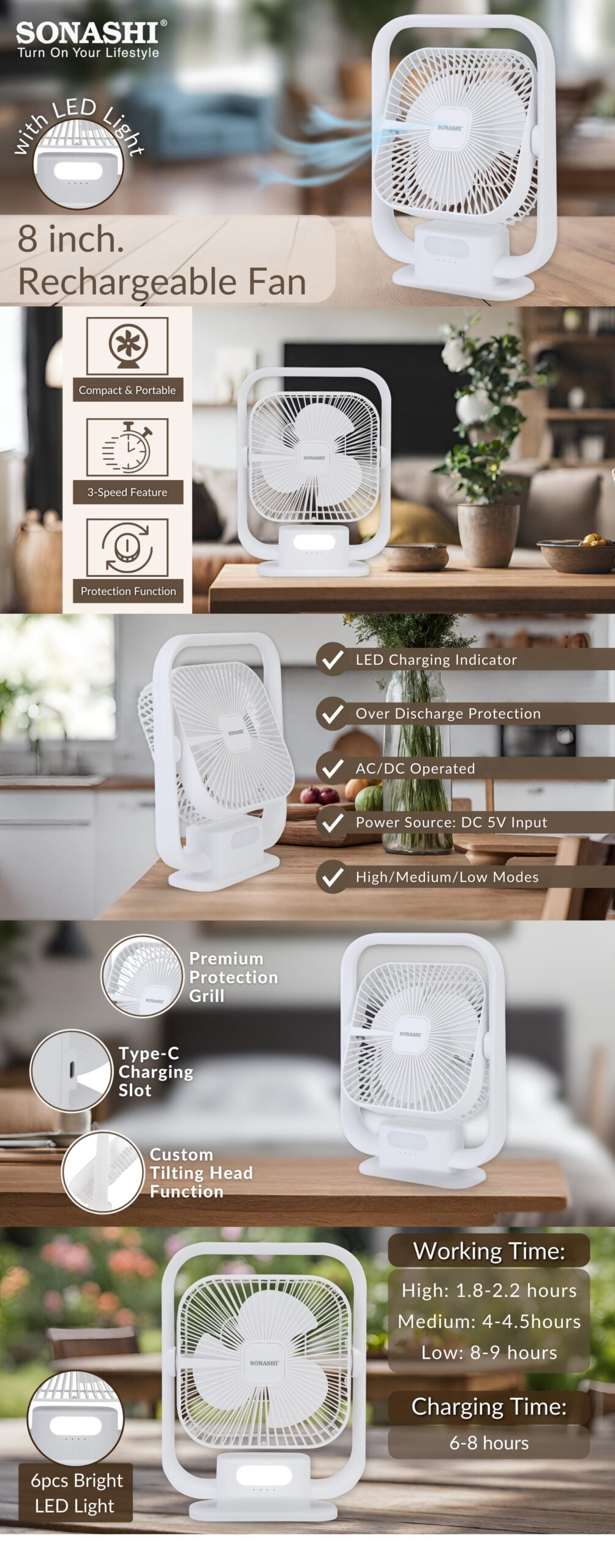 Sonashi 8 Inch Rechargeable Table Fan SRF-803 brochure
