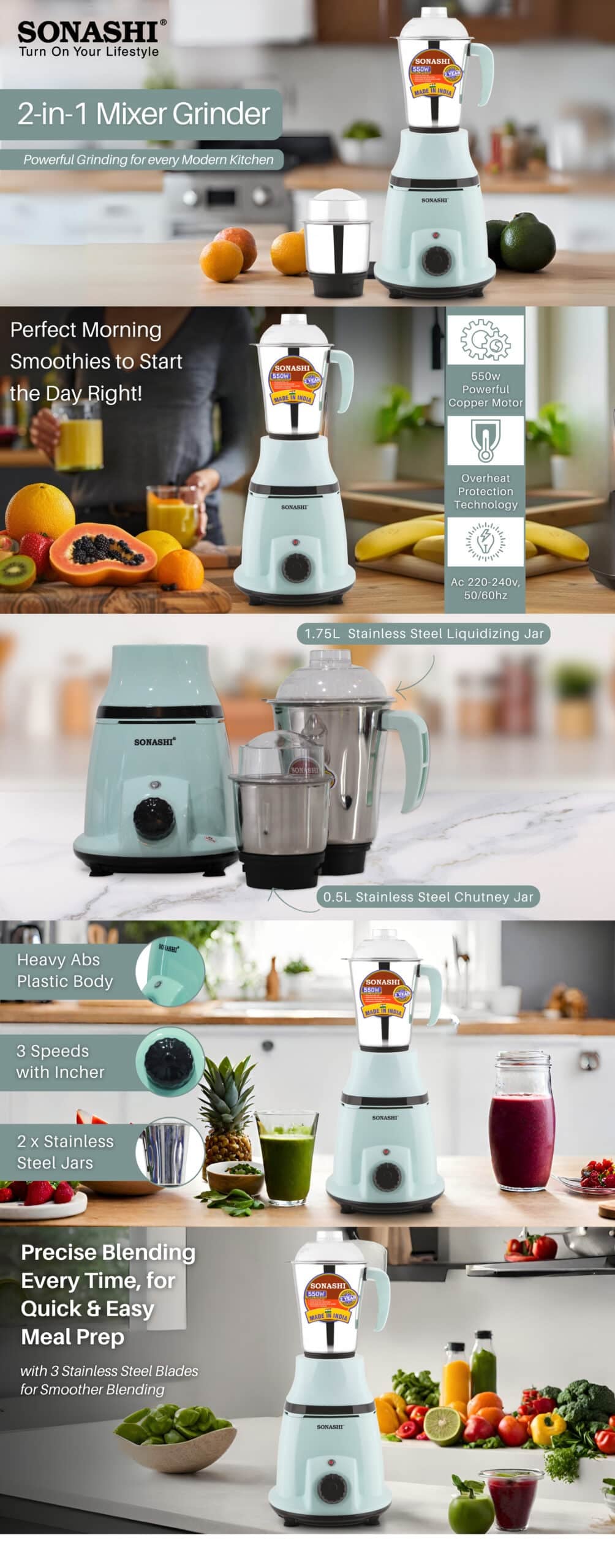 Sonashi 2-in-1 Mixer Grinder - SB-196 Green brochure