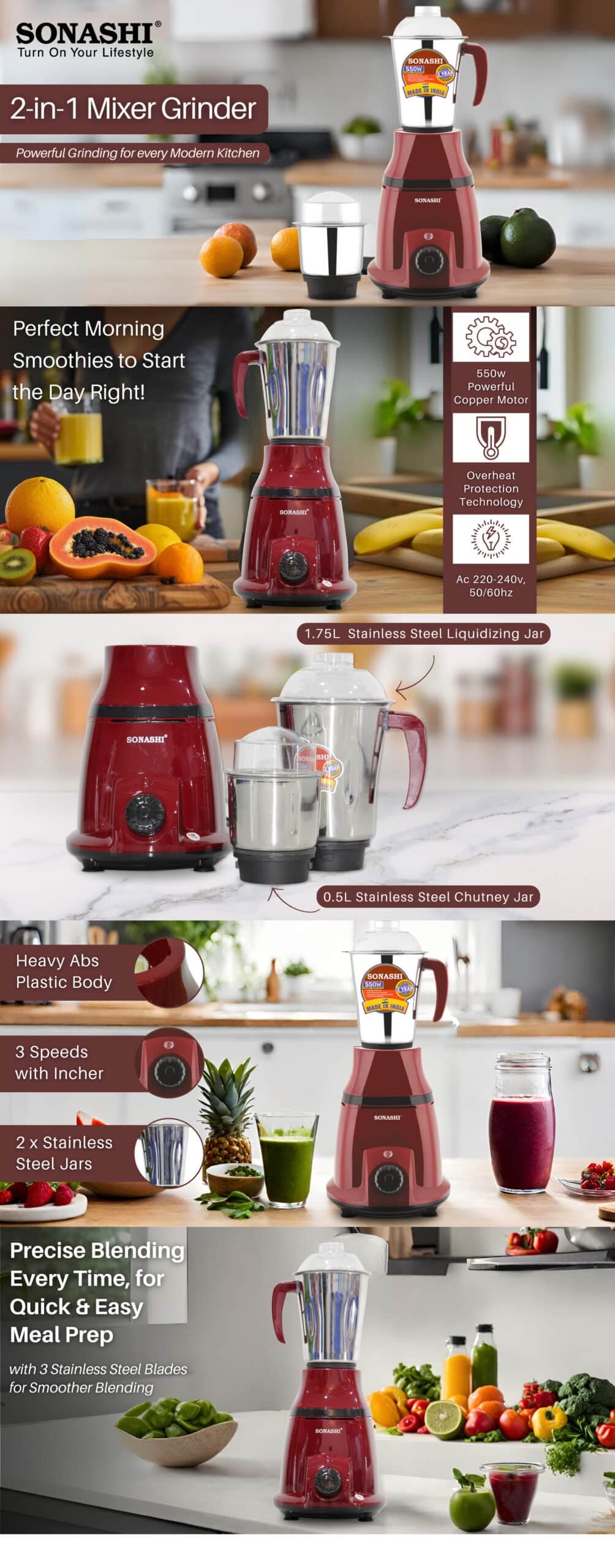 Sonashi 2-in-1 Mixer Grinder - SB-196 Red brochure