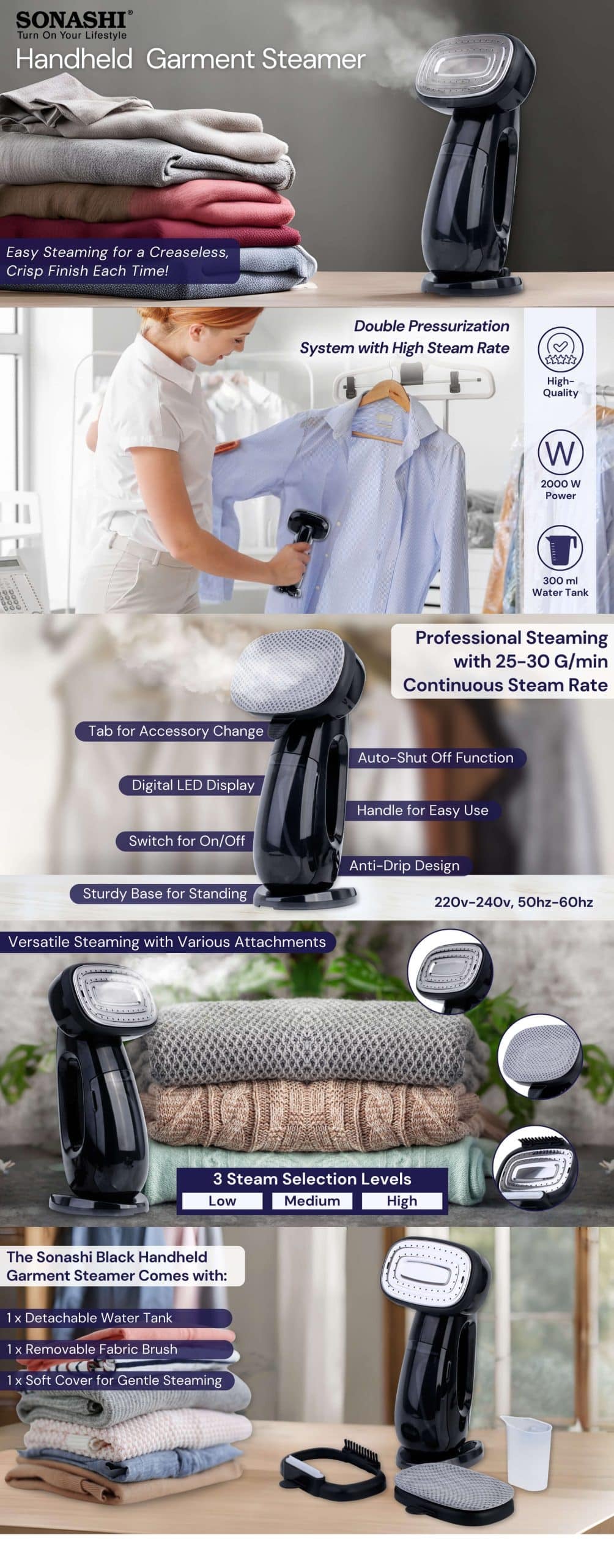 Sonashi Handheld Garment Steamer SGS-323 Black brochure