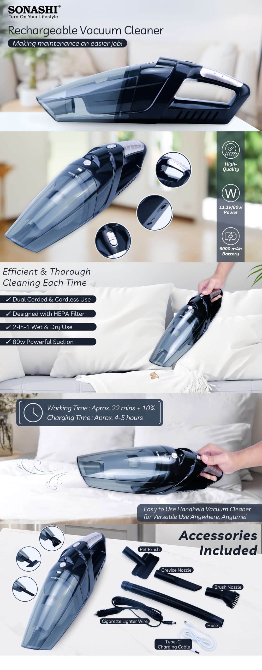 Sonashi Rechargeable Vacuum Cleaner SRVC-9037 brochure