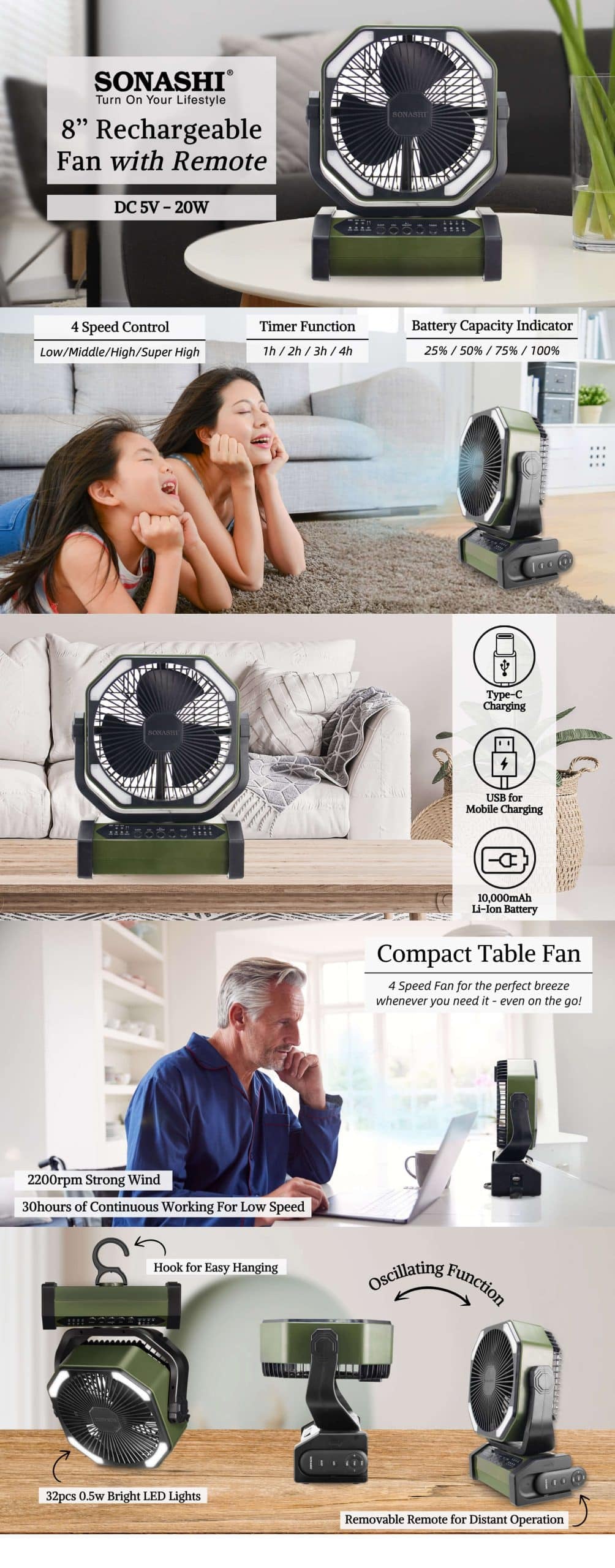 Sonashi 8" Inch Rechargeable Fan SRF-808 brochure