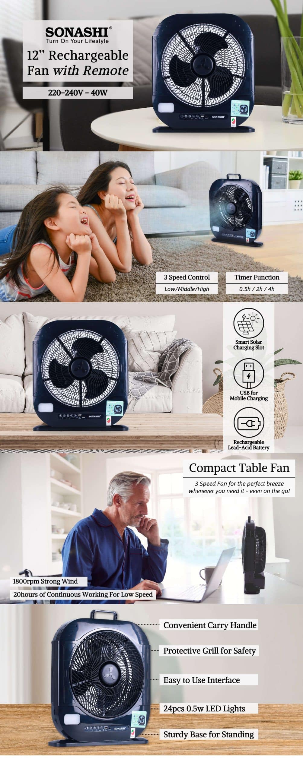 Sonashi 12" Rechargeable Fan with Remote SRF-512N brochure