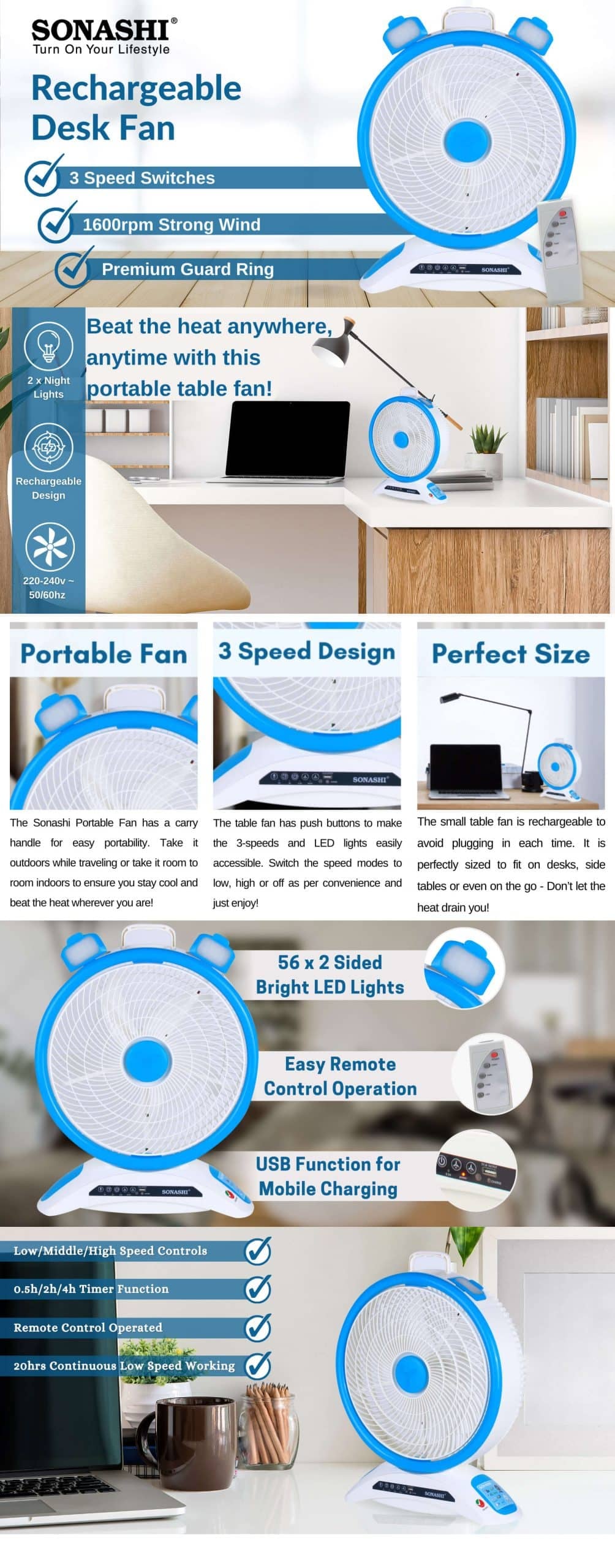 Sonashi 14 Inch Rechargeable Fan with Remote SRF-614 Blue brochure