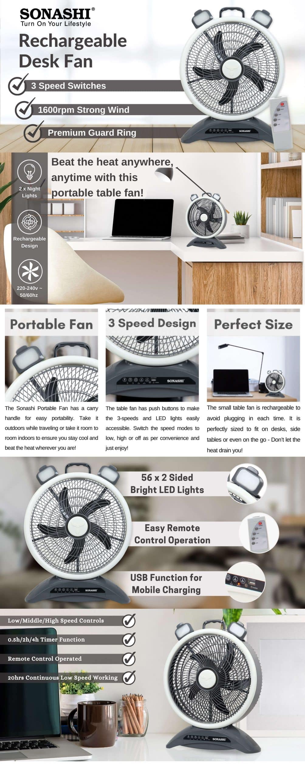 Sonashi 14 Inch Rechargeable Fan with Remote SRF-614 Grey brochure