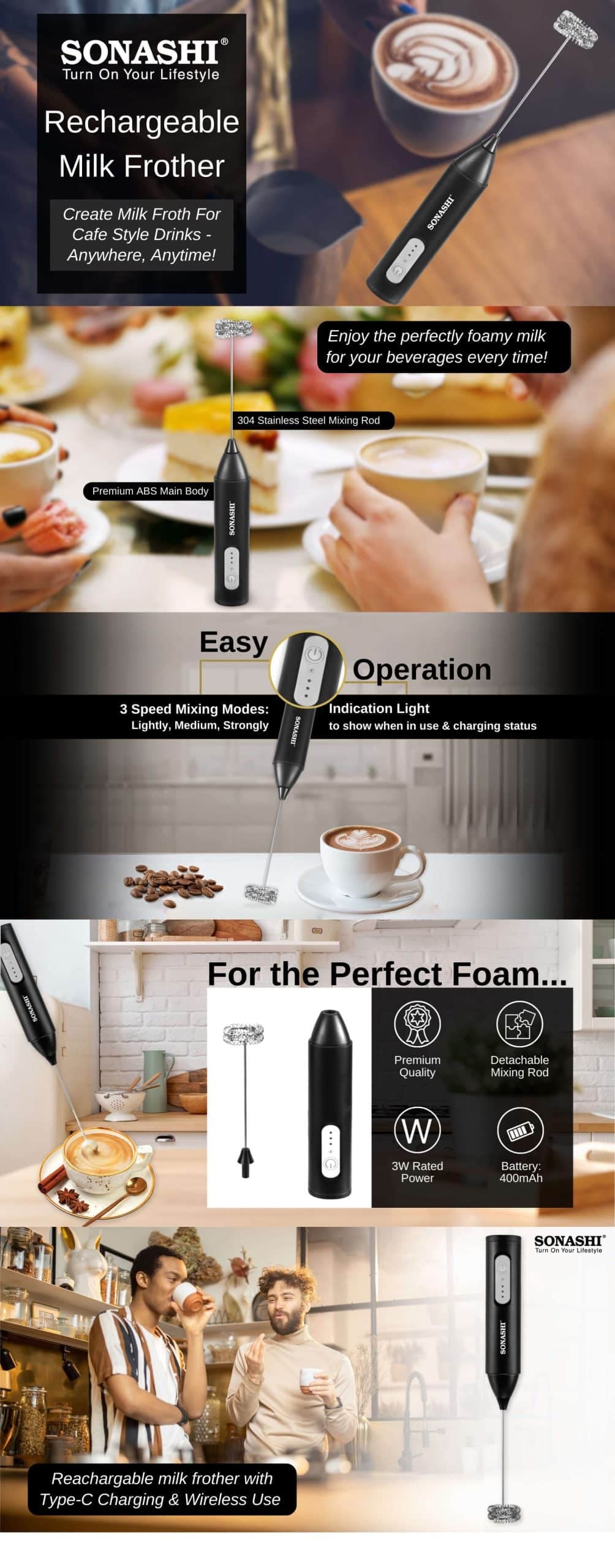 Sonashi Rechargeable Milk Frother SMF-701 brochure