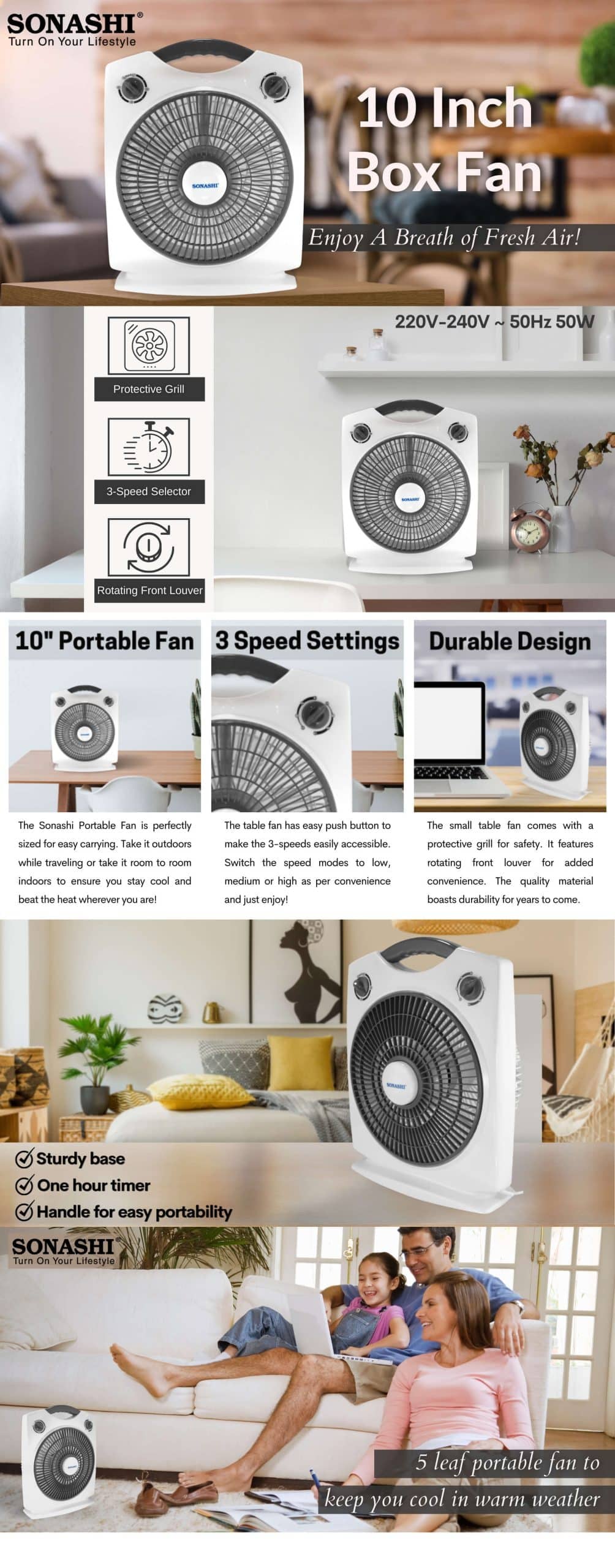 Sonashi 10-Inch Box Fan SBF-7030 Grey brochure