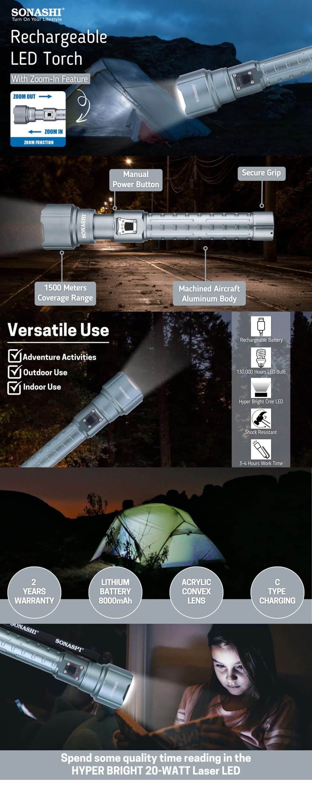 Sonashi Rechargeable LED Torch (Zoom-In Function) SLT-387Z brochure