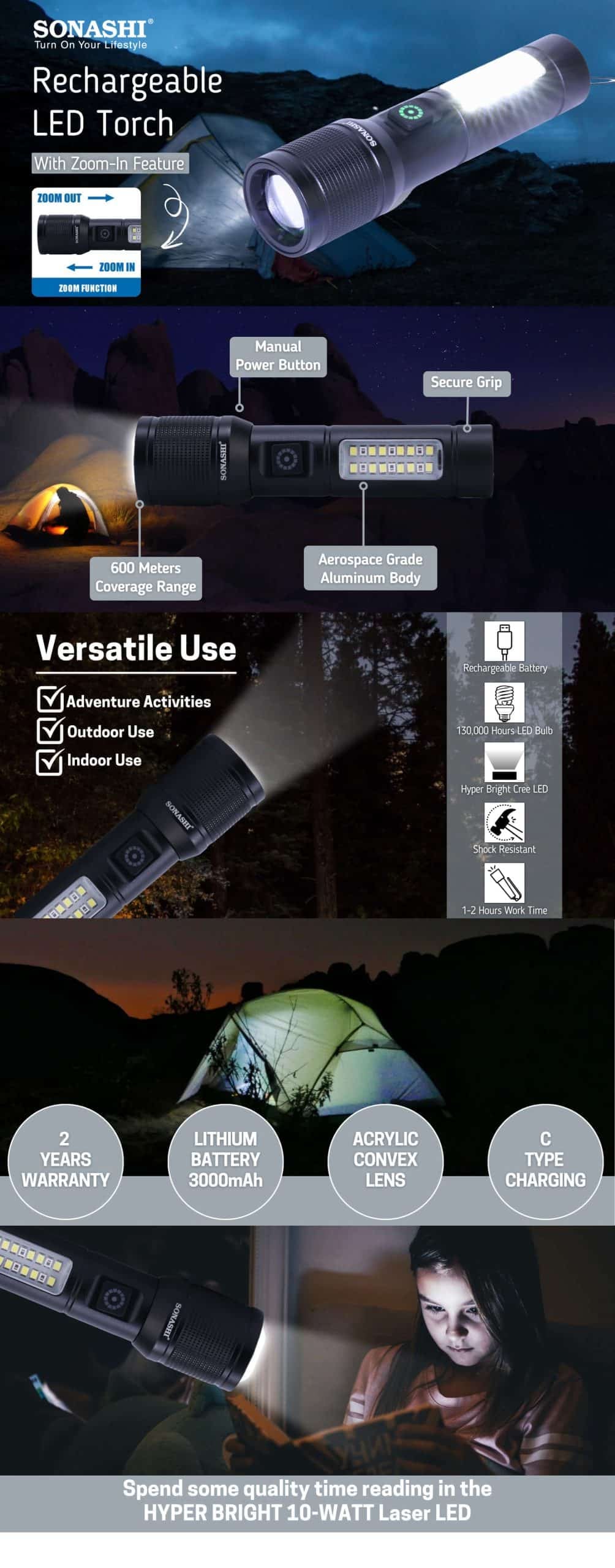 Sonashi Rechargeable LED Torch (Zoom-In Function) SLT-683Z brochure