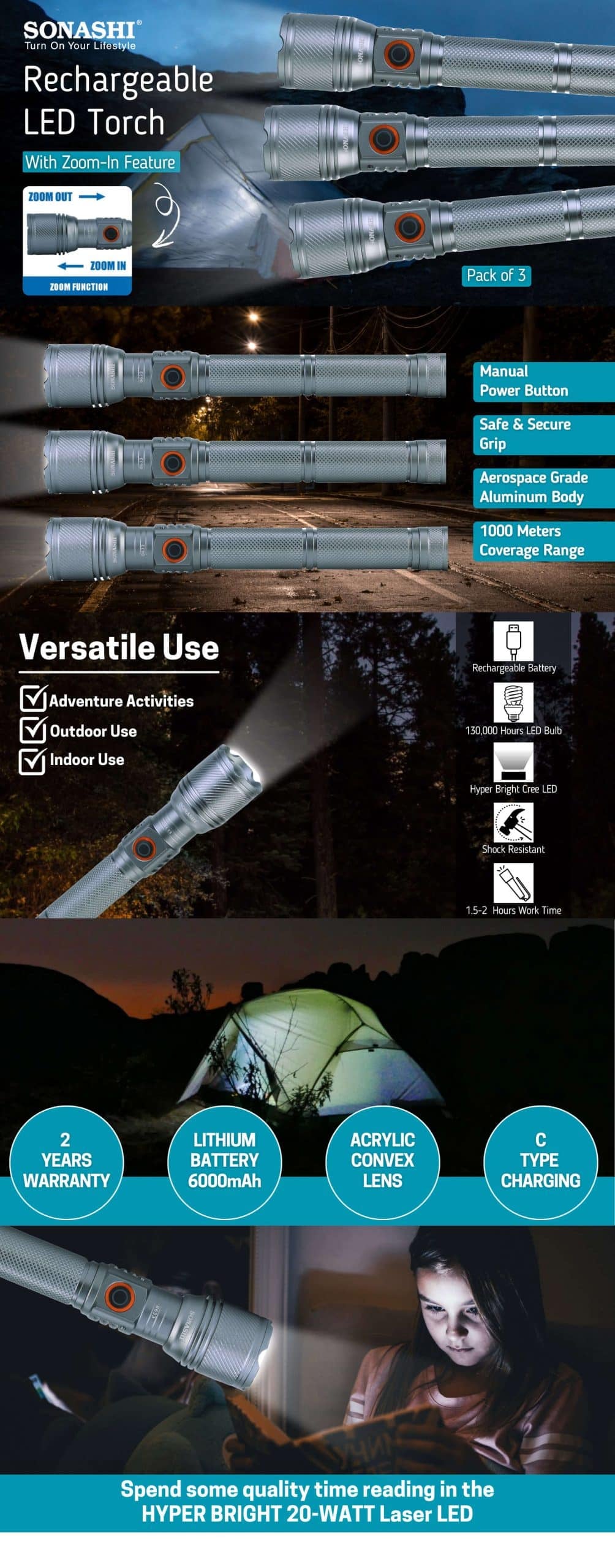 Sonashi Rechargeable LED Torch (Zoom-In Function) SLT-3911Z brochure