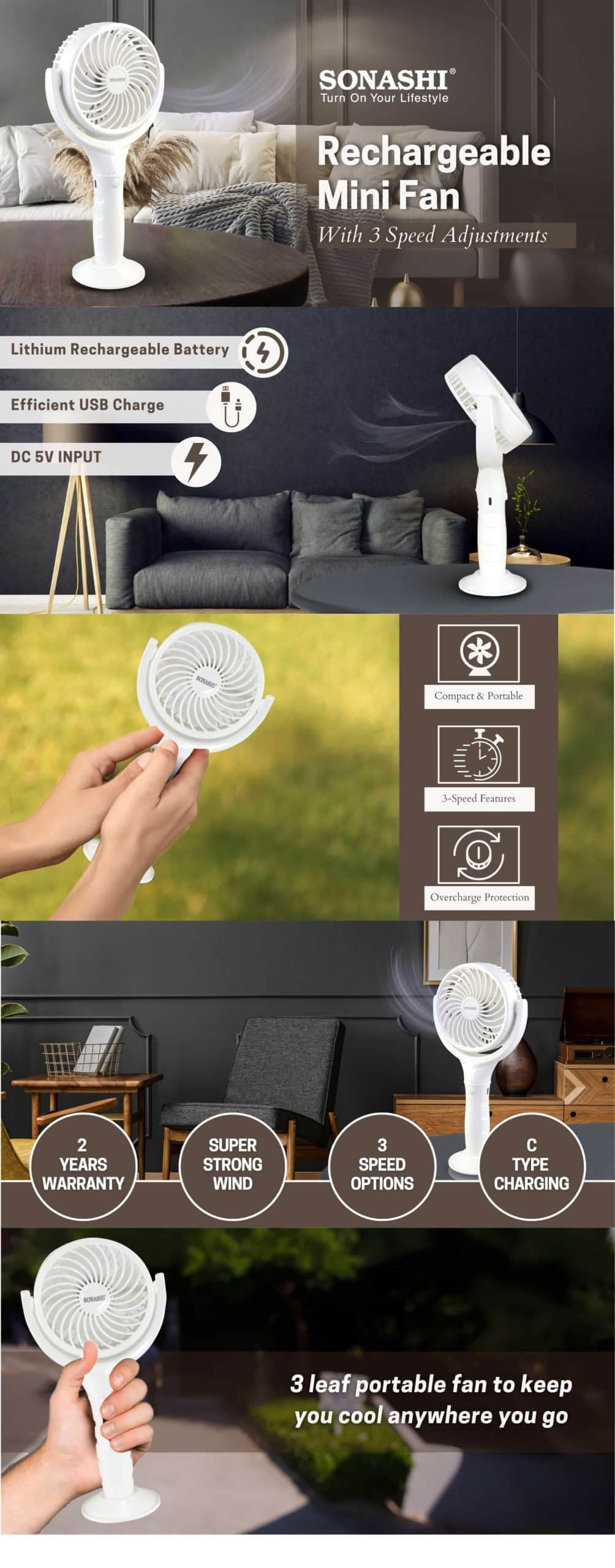 Sonashi Rechargeable Mini Fan SRF-404 White brochure