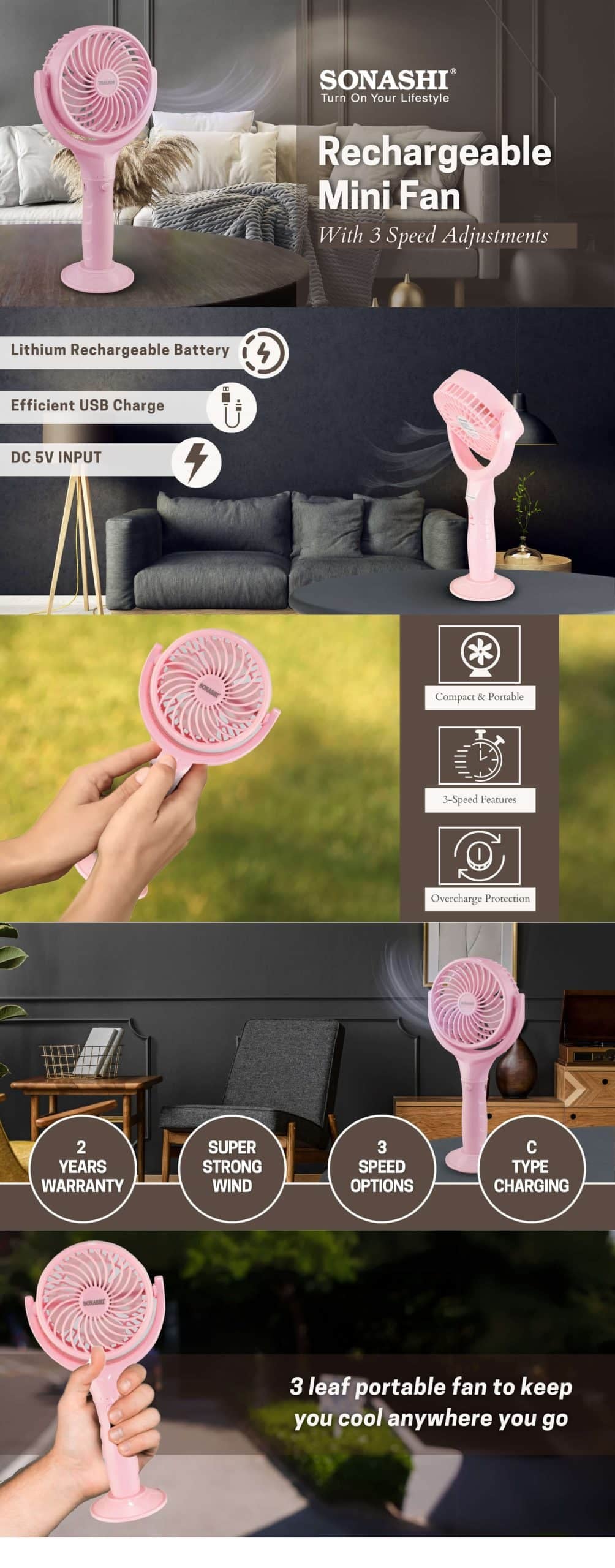 Sonashi Rechargeable Mini Fan SRF-404 Pink brochure