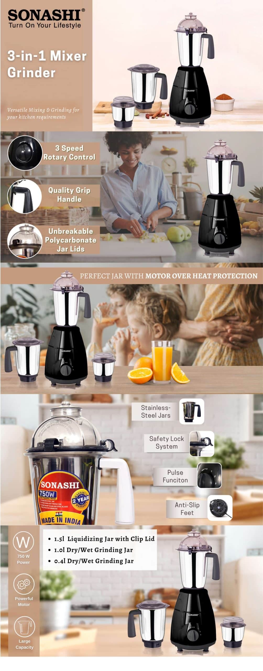 Sonashi 3 in 1 Mixer Grinder - SB-151SS Black brochure