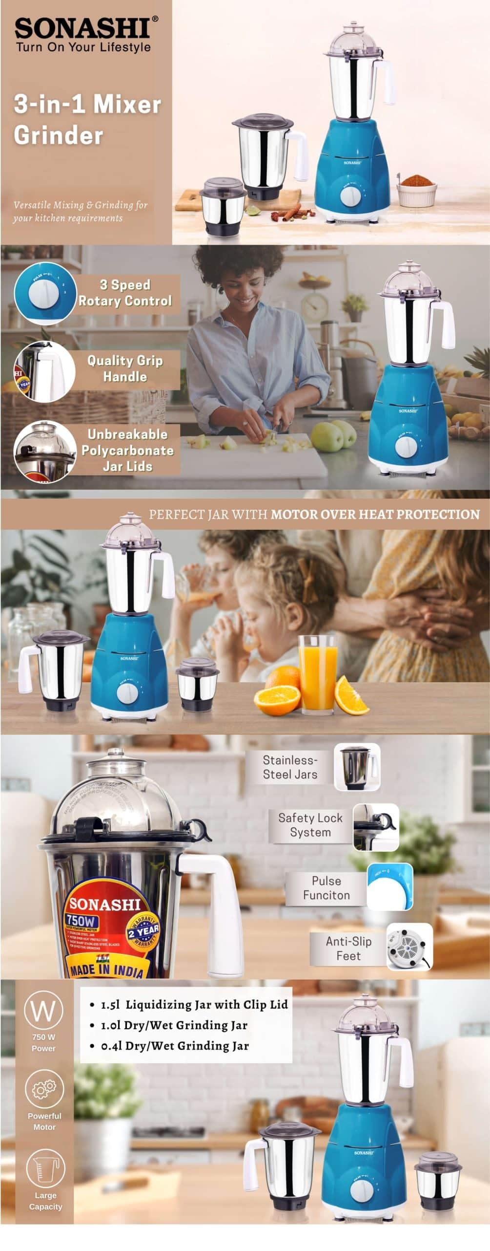 Sonashi 3-in-1 Mixer Grinder - SB-151SS Blue brochure