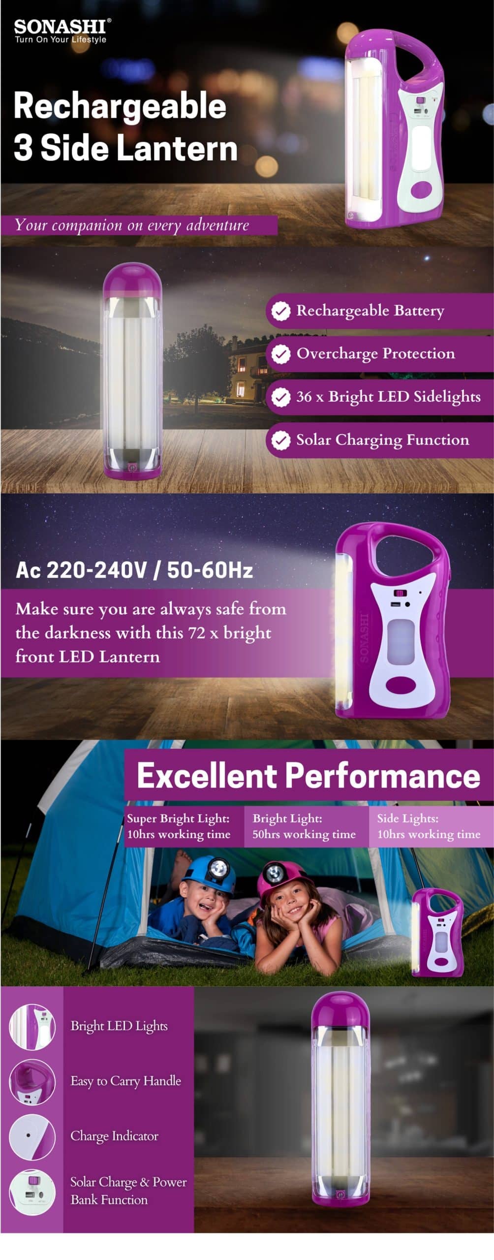 Sonashi Rechargeable 3 Side Emergency Lantern - SEL-721 Purple brochure