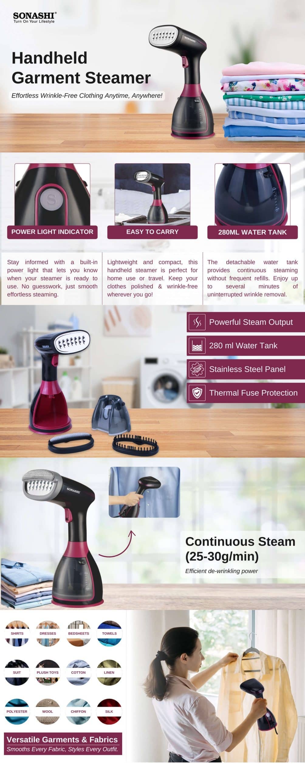 Sonashi Handheld Garment Steamer - SGS-327 Pink and Black brochure