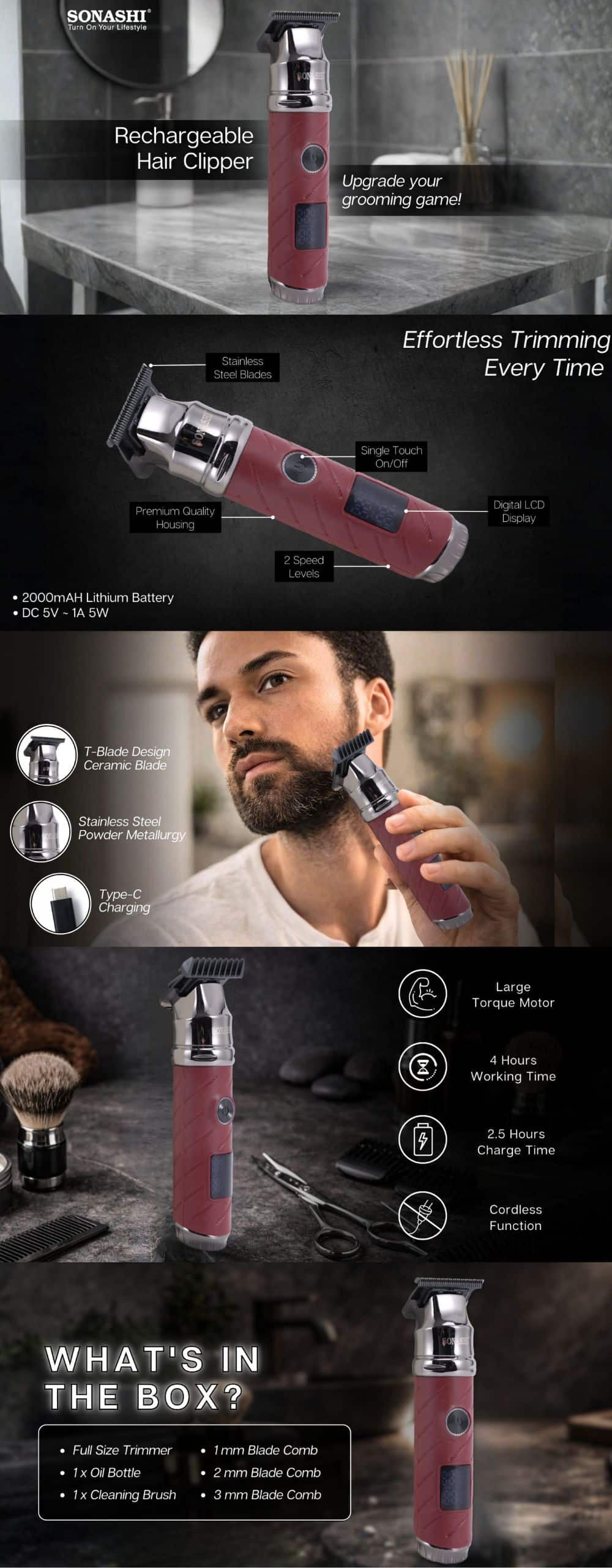 Sonashi Rechargeable Hair Clipper SHC-1065-Maroon brochure