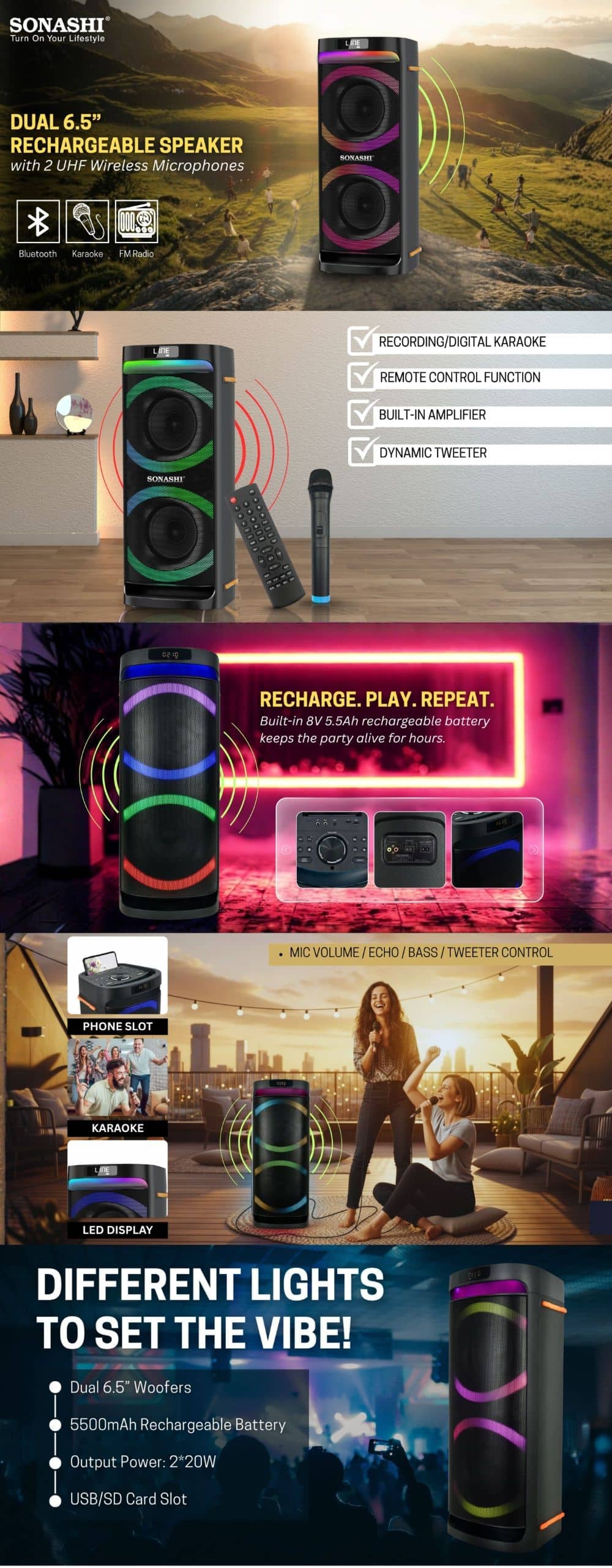 Sonashi Dual 6.5 Inch Rechargeable Speaker SPS-8020R brochure