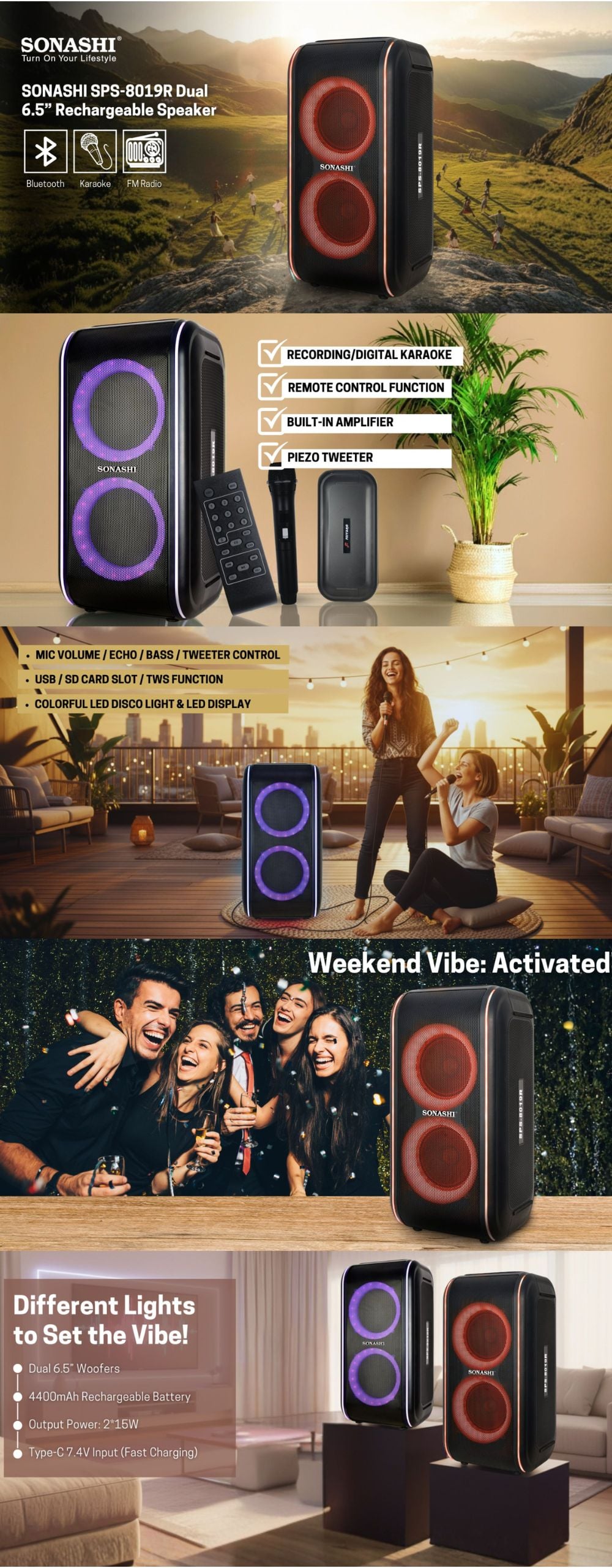 Sonashi Dual 6.5 Inch Rechargeable Speaker SPS-8019R brochure