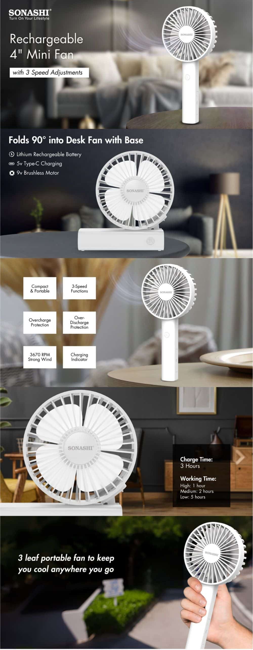 Sonashi 4 Inch Rechargeable Mini Fan SRF-405-White brochure