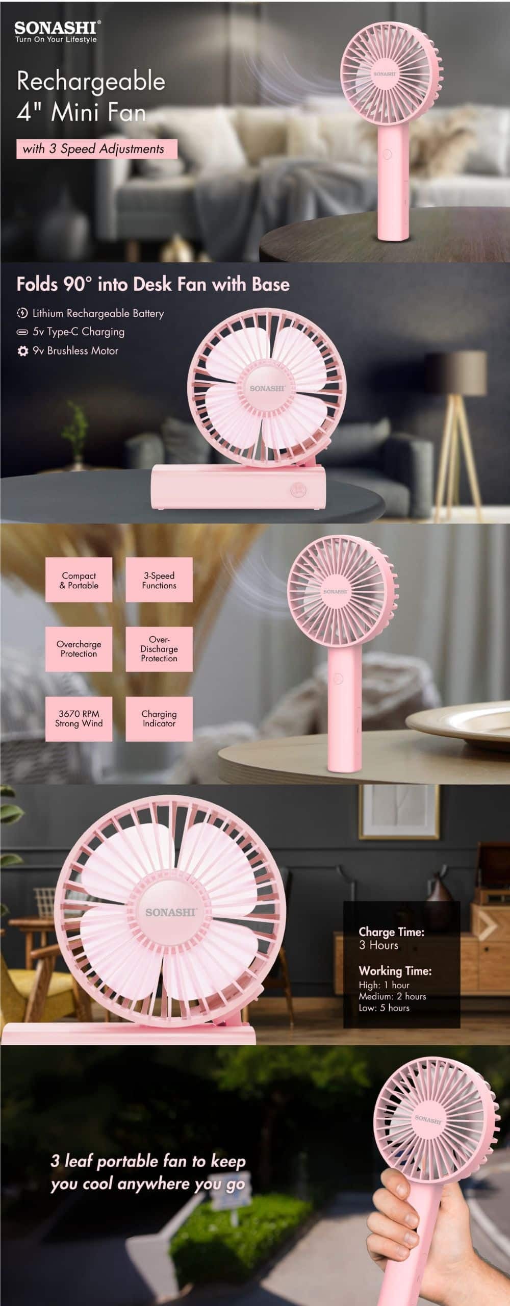 Sonashi 4 Inch Rechargeable Mini Fan SRF-405-Pink brochure