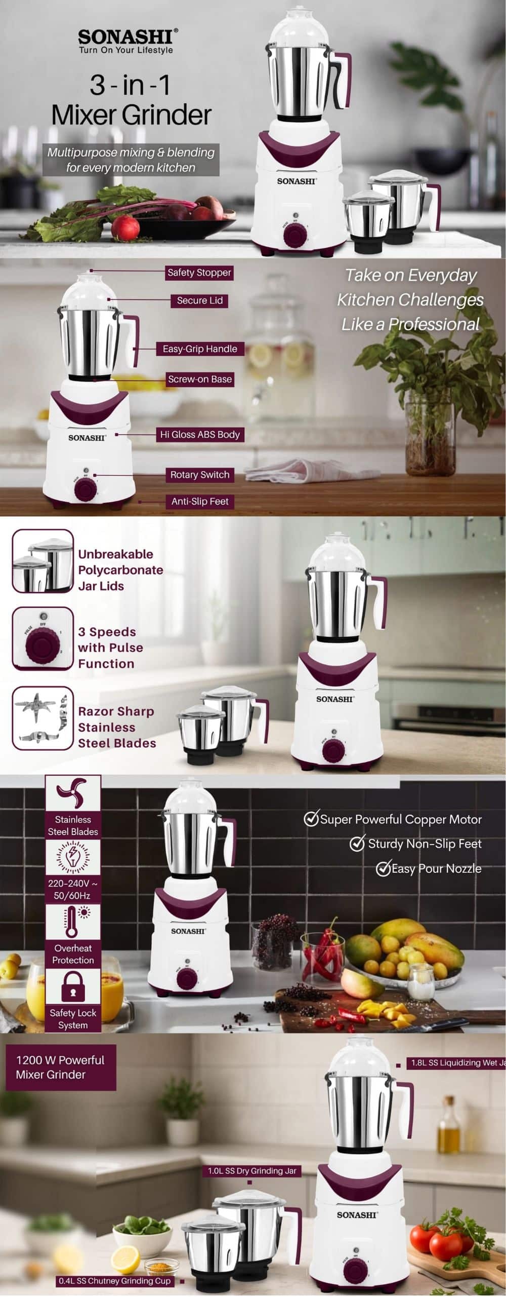Sonashi 3 in 2 Mixer Grinder SB-214-White brochure