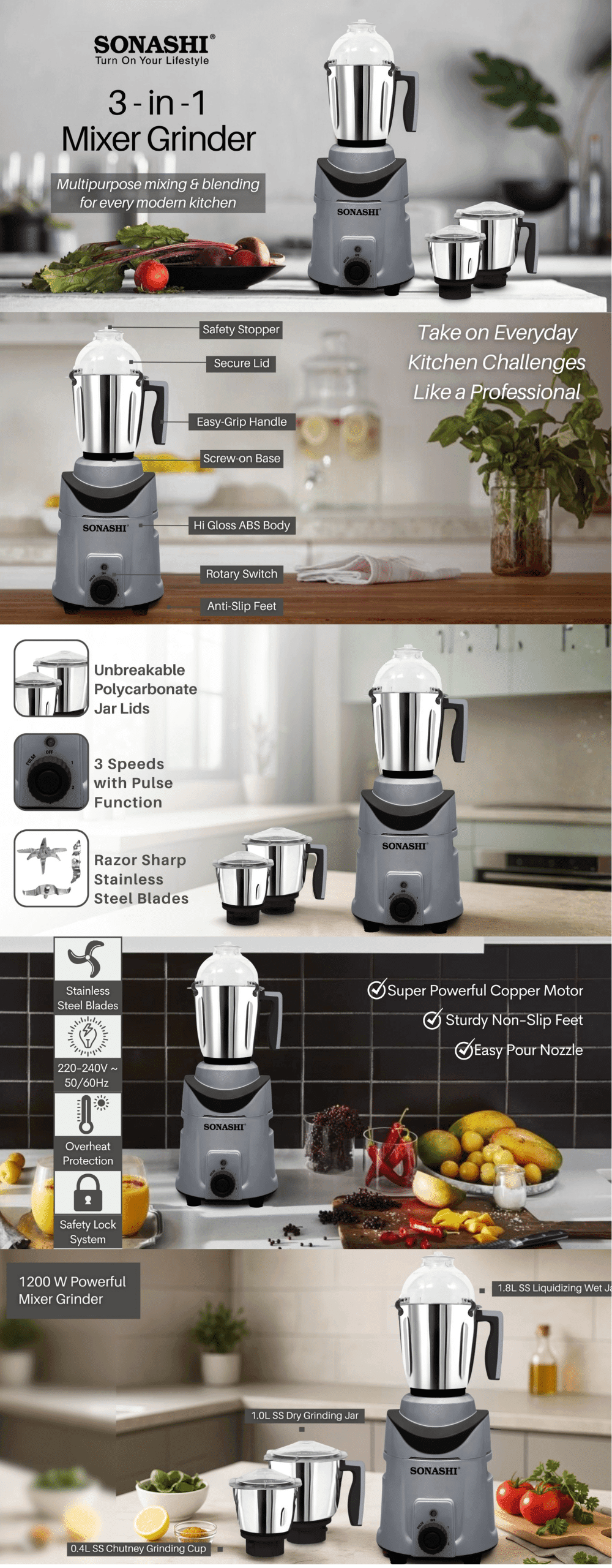 Sonashi 3 in 2 Mixer Grinder SB-214-Grey brochure