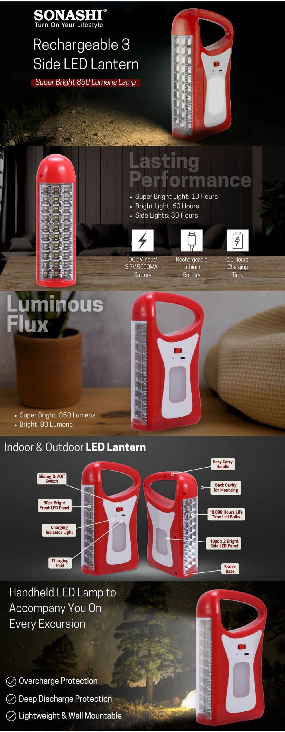Sonashi Rechargeable 3 Side Lantern SEL-728-Red brochure