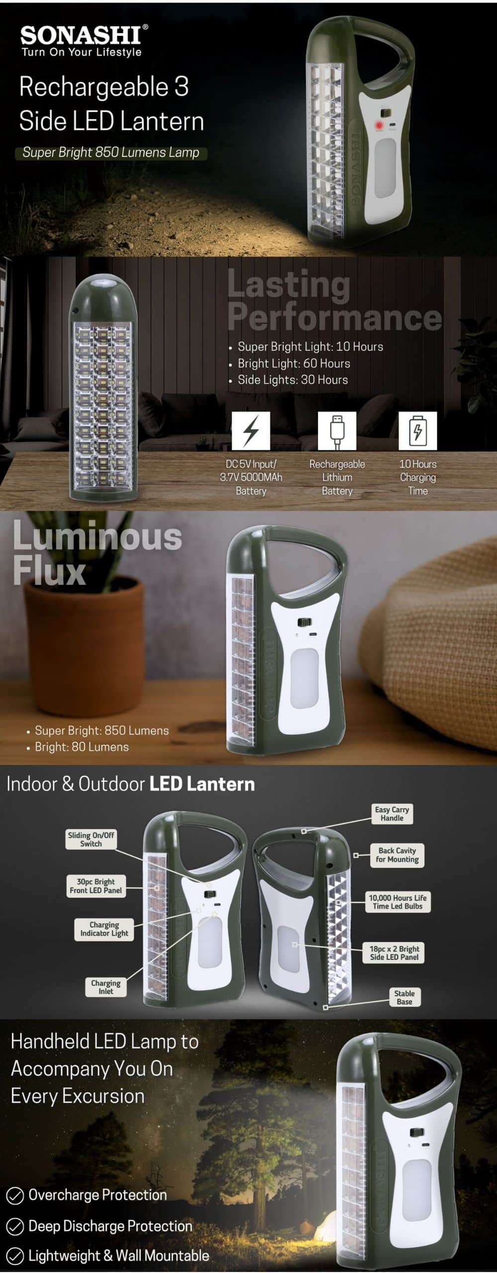 Sonashi Rechargeable 3 Side Lantern SEL-728-Green brochure