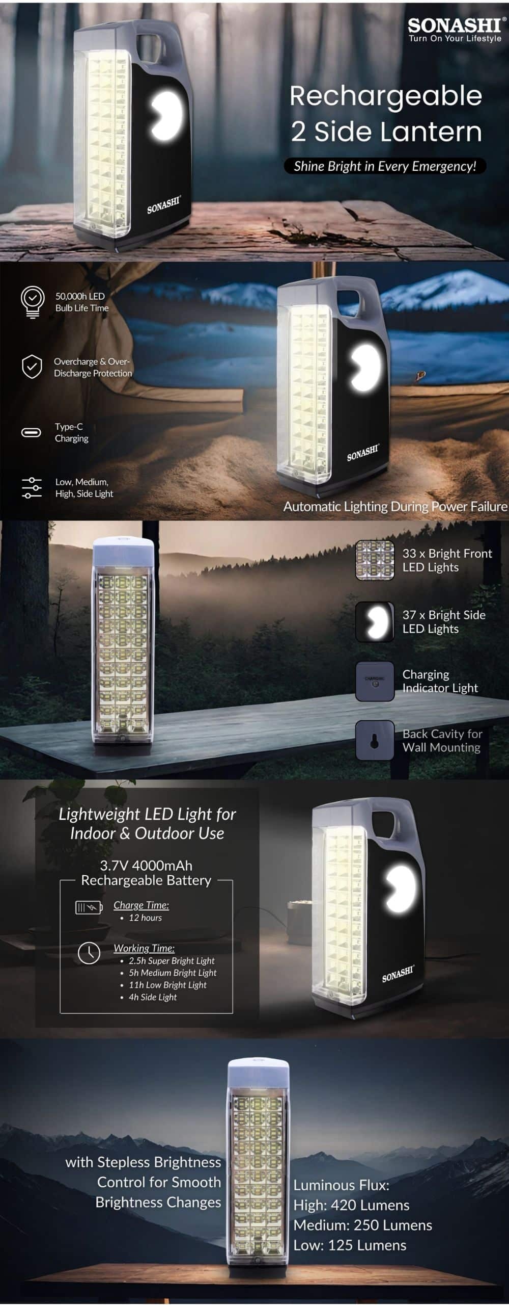 Sonashi Rechargeable 2 Side Lantern SEL-677-Black brochure