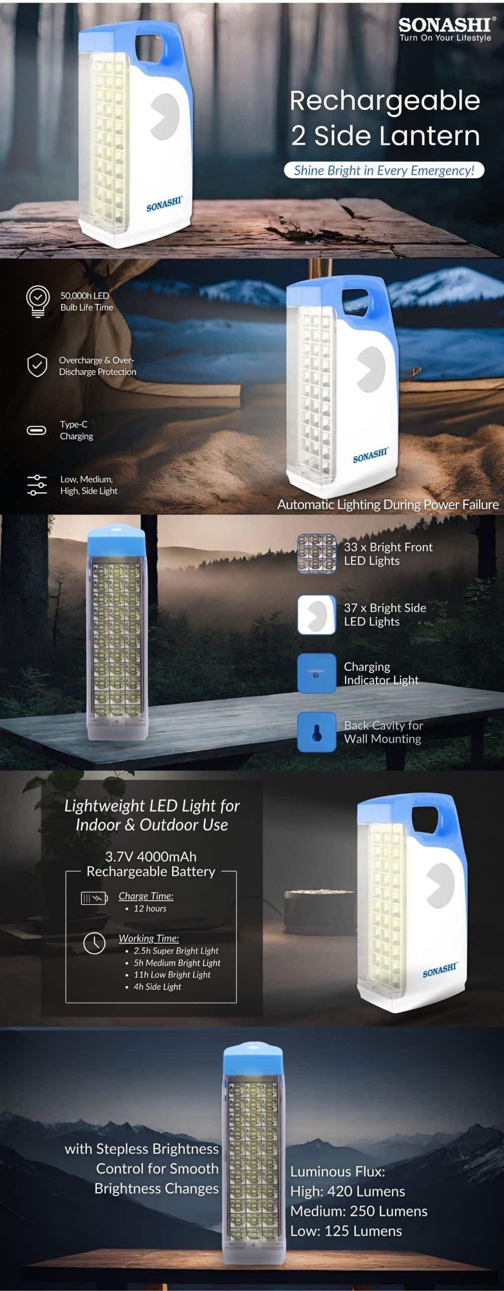 Sonashi Rechargeable 2 Side Lantern SEL-677-Blue brochure