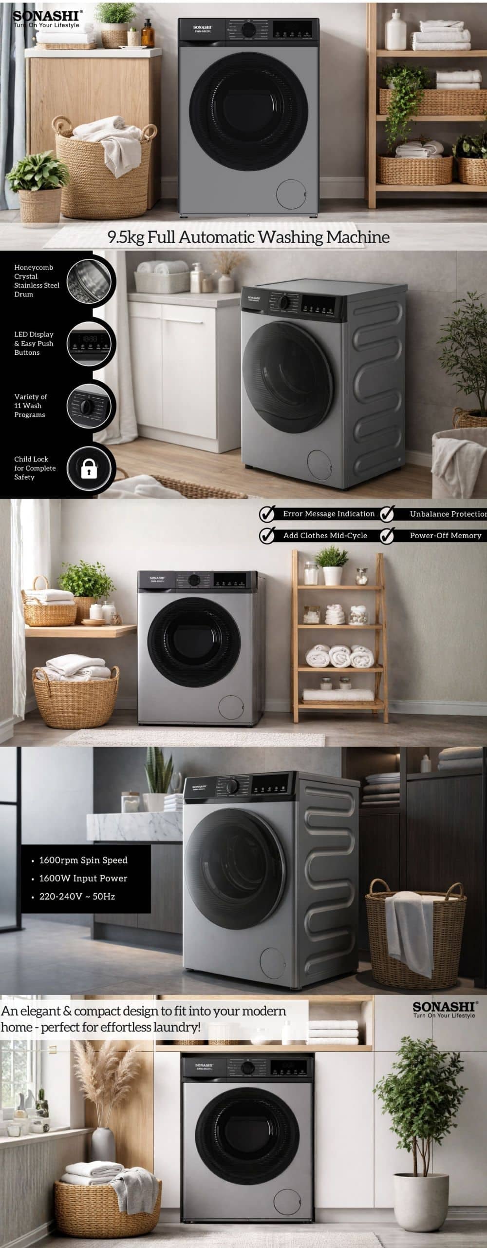 Sonashi 9.5KG Full Automatic Washing Machine SWM-9502FL brochure