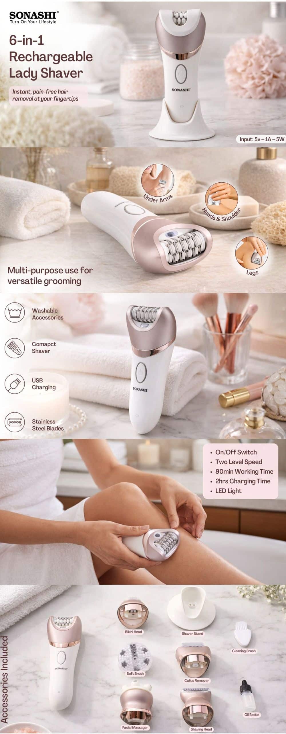 Sonashi 6 In 1 Rechargeable Lady Shaver SLD-825 brochure