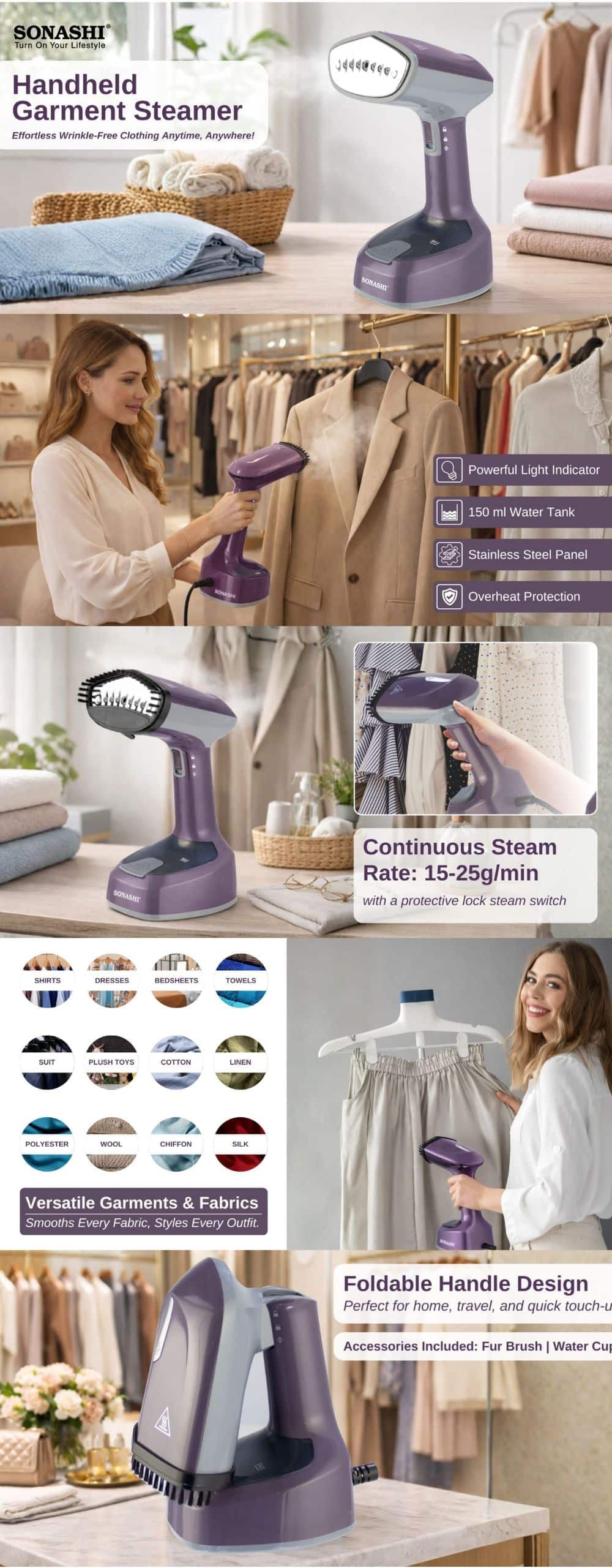 Sonashi Handheld Garment Steamer SGS-315N-Purple brochure