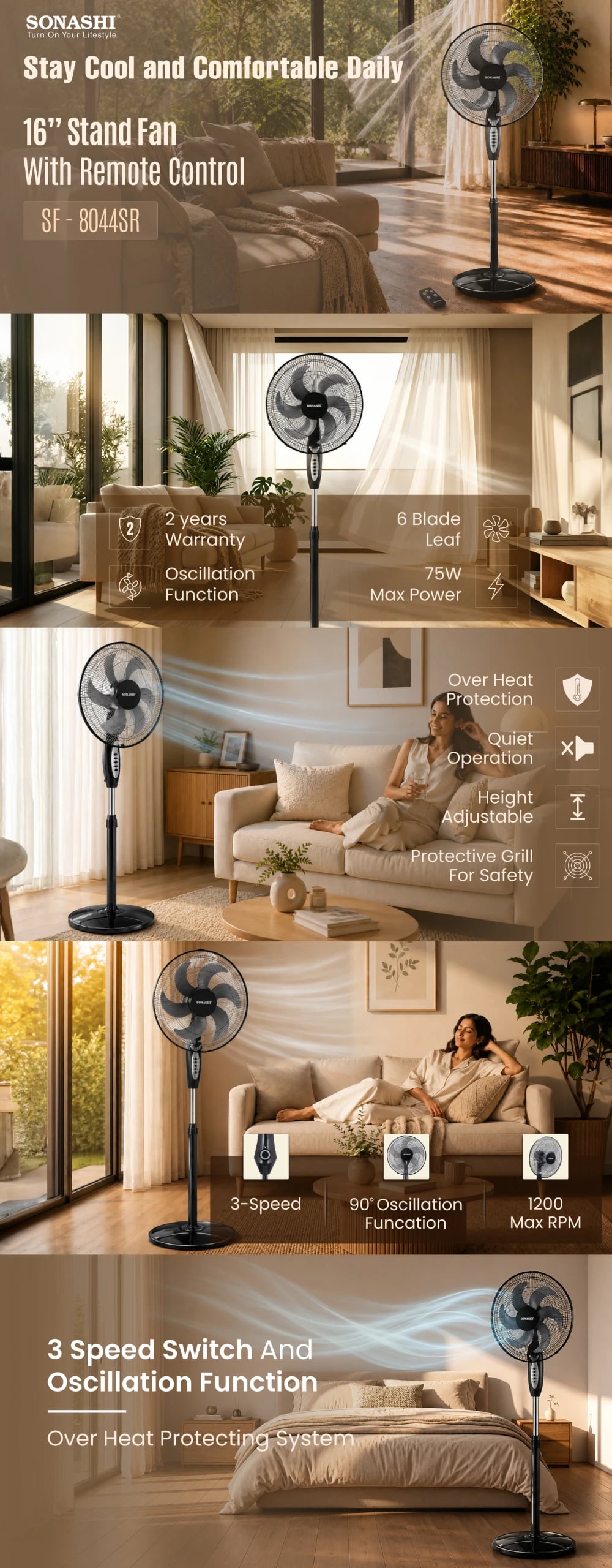 Sonashi 16 Inch Stand Fan With Remote Control SF-8044SR brochure