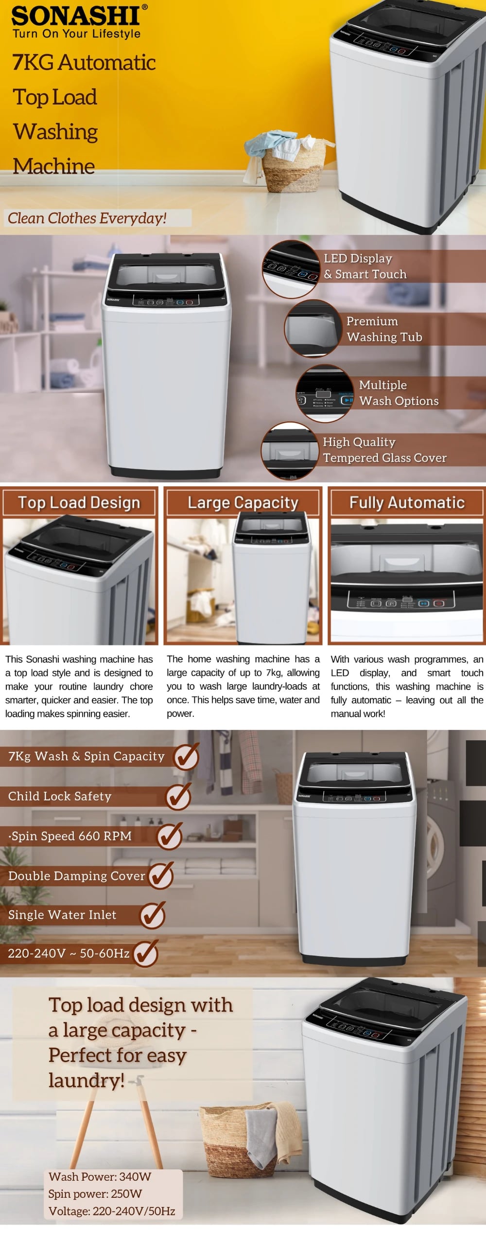Sonashi 7Kg Full Automatic Top Loading Washing Machine SWM-7001TL brochure