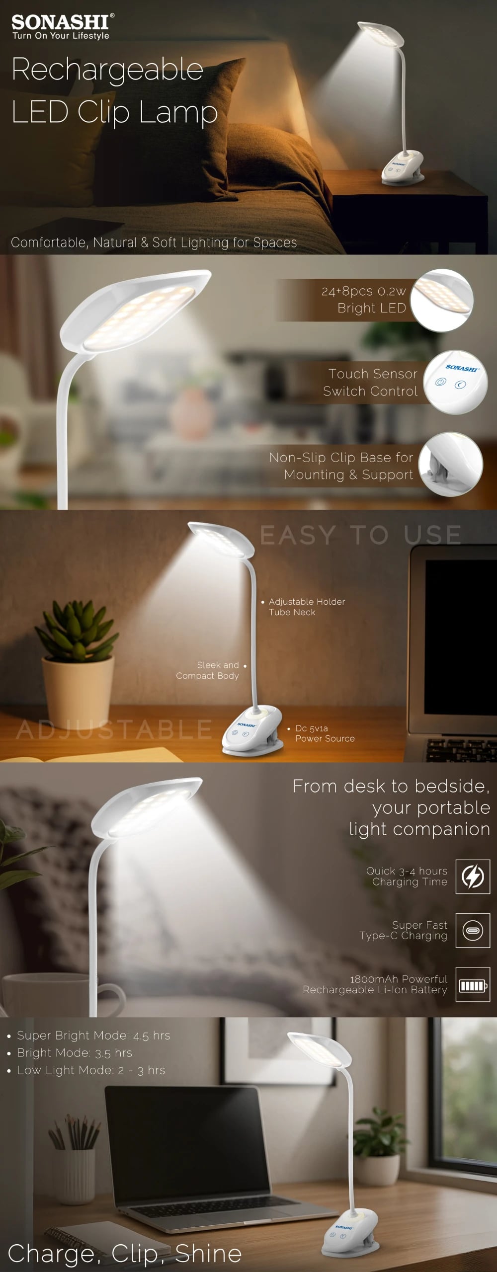 Sonashi Rechargeable LED Clip Lamp STL-006 brochure