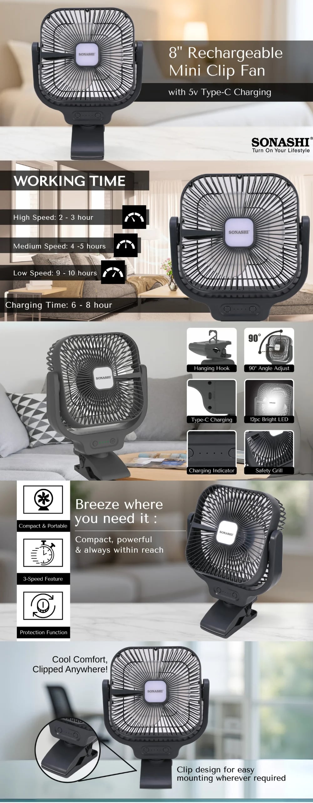 Sonashi 8 Inch Rechargeable Clip Fan SRF-805 brochure