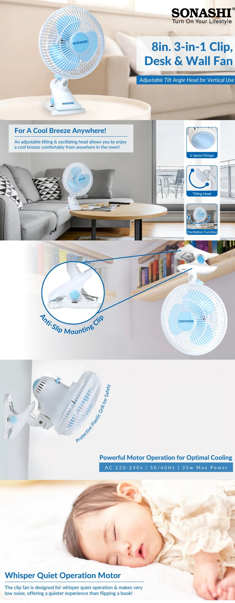Sonashi 8 Inch 3 in 1 Clip, Desk & Wall Fan SF-8009C brochure