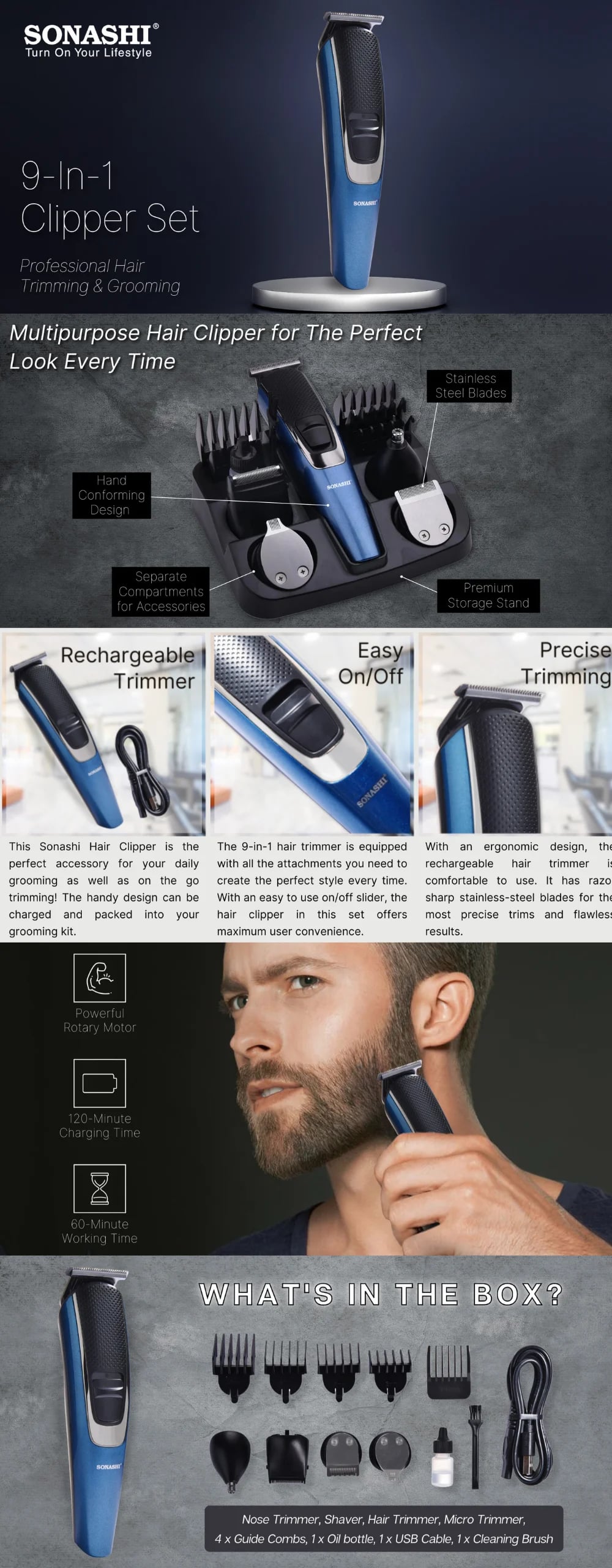 Sonashi 9 in 1 Hair Clipper Set SHC-1042N   brochure